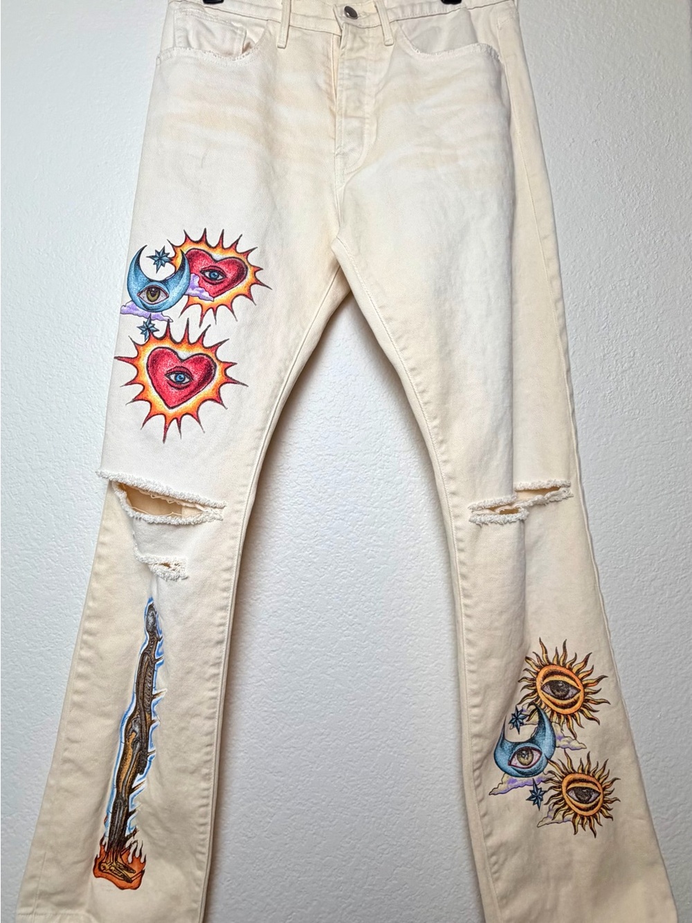 ALCHEMIST Marcos Alvarado Jeans Size 32 cream distressed celestial eye sun moon
